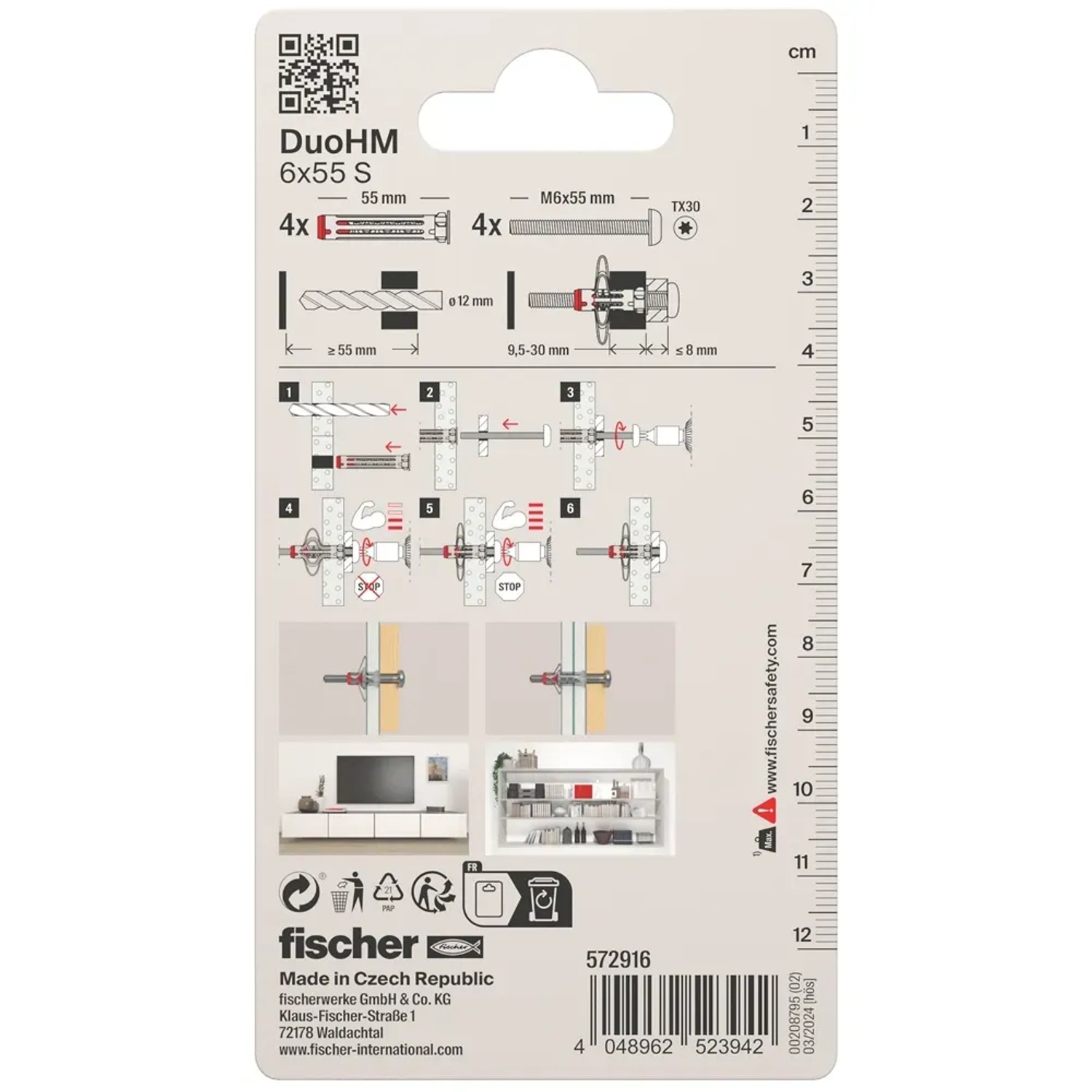 Fischer DuoHM Hohlraumdübel 12 mm, 4er-Set, zur Befestigung in Plattenmaterialien.
