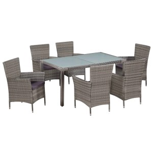 Graue 7-tlg. vidaXL Garten-Essgruppe aus Polyrattan mit Glasplatte und Auflagen.