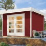 Rotes Weka Holz-Gartenhaus mit Flachdach und Doppeltür, lasiert.