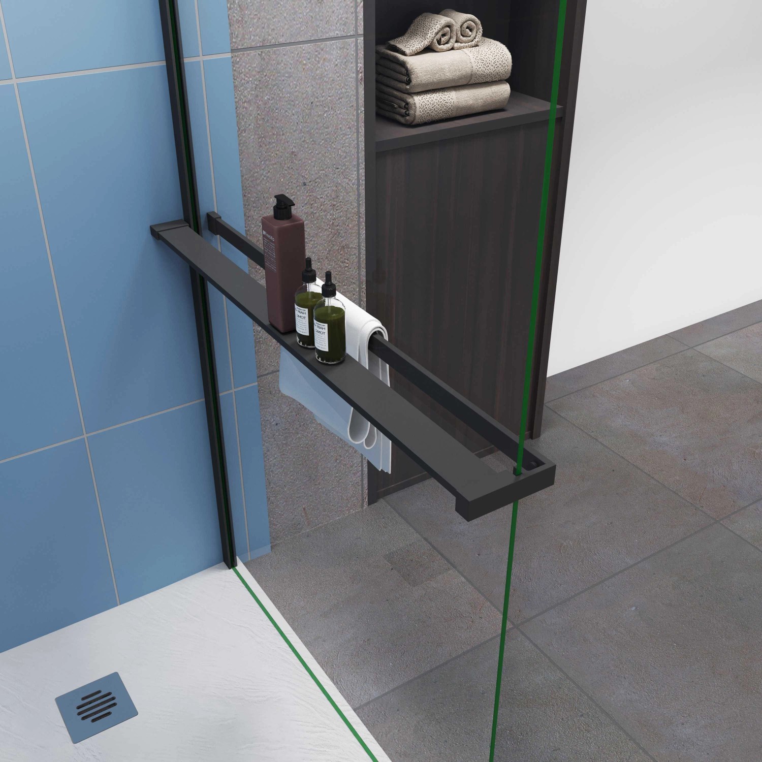 Schwarzes AICA Duschregal mit Handtuchhalter für Duschwand, mit Shampoo und Handtuch.