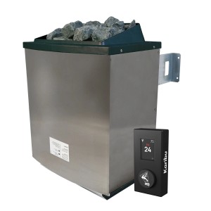 Karibu Saunaofen 9 kW mit WiFi-Steuerung und Saunasteinen, silberfarben.