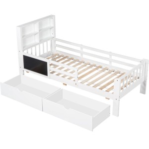 Merax Kinderbett 90 x 200 cm mit Schubladen Tafel Weiß