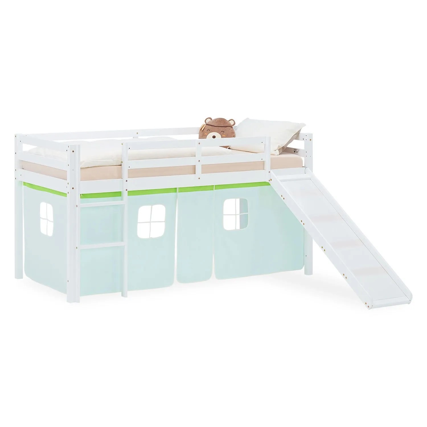Homestyle4u Kinder Hochbett 90x200 Rutsche Vorhang Grün Kinderbett 2968