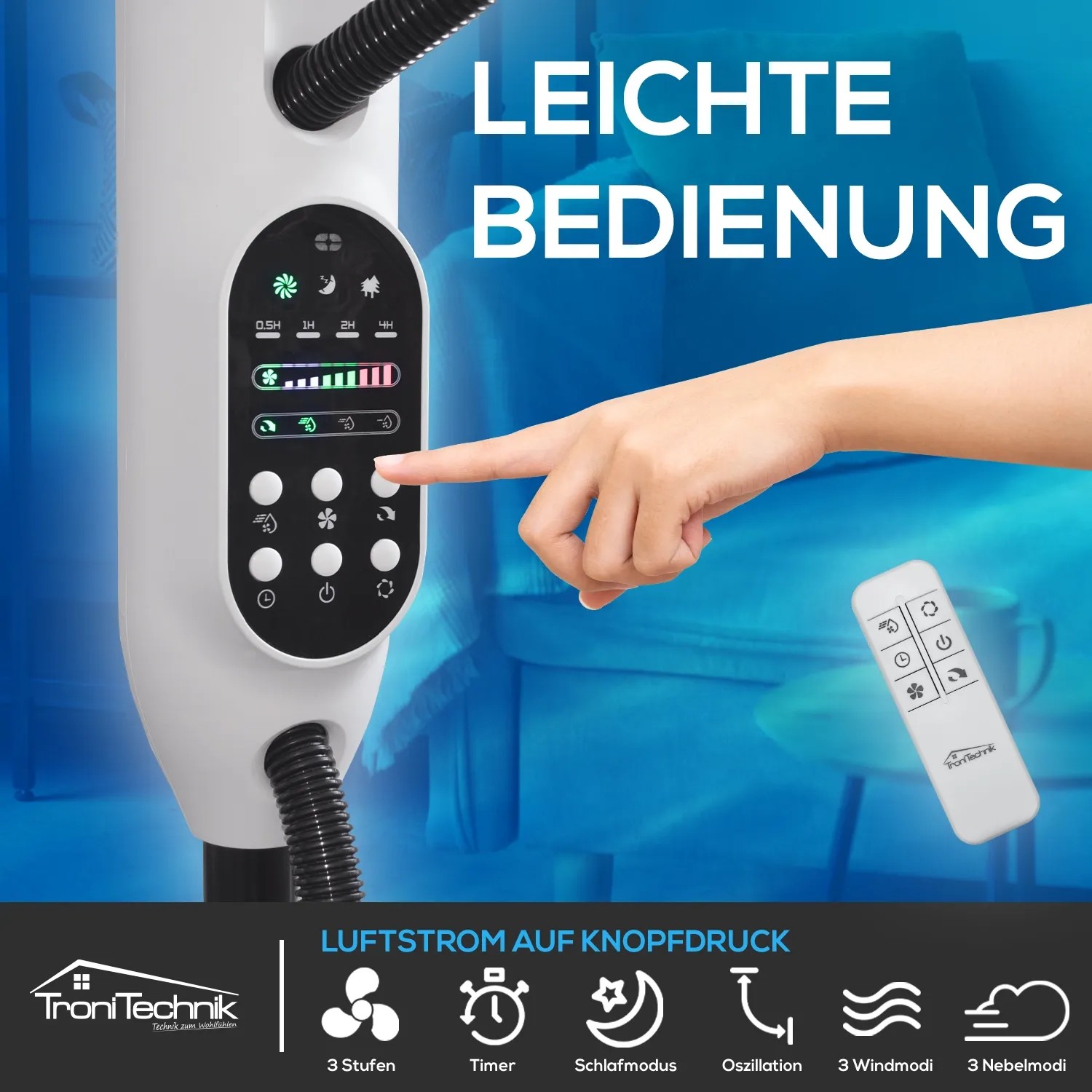 TroniTechnik Standventilator SV06 mit Fernbedienung in Weiß, Bedienfeld und Hand im Fokus.