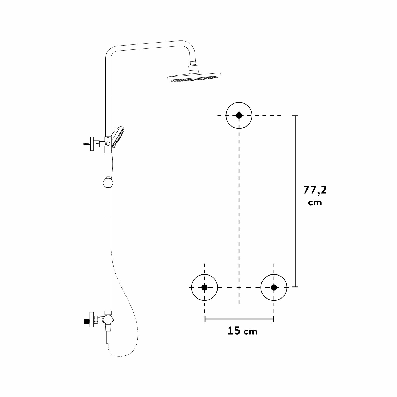 Technische Zeichnung: Baliv Überkopfbrause-Set KBS-23.90, schwarz matt, mit Maßangaben für die Installation.