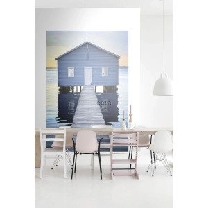 ESTAhome Fototapete Strandhaus Motiv in Blau, Grau und Abendrot. Maritimes Flair für Ihr Zuhause.