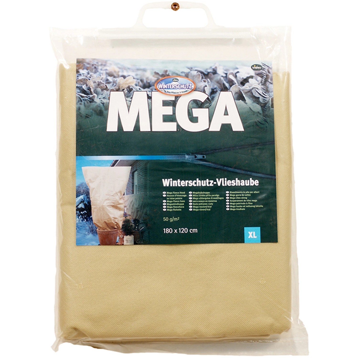 Beige Winterschutz Mega-Vlieshaube 180x120cm für Pflanzen, mit Reißverschluss und Kordel.