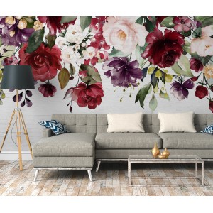 Fototapete mit Blumenmuster in Rot, Rosa, Lila und Weiß vor Steinwand, 3,50x2,55m