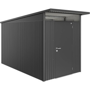 Dunkelgraues Biohort Metall-Gerätehaus AvantGarde A4 mit Standardtür. Gerätehäuser für den Garten.