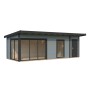 Modernes, hellgraues Palmako Holz-Gartenhaus mit Pultdach und Fensterfront.