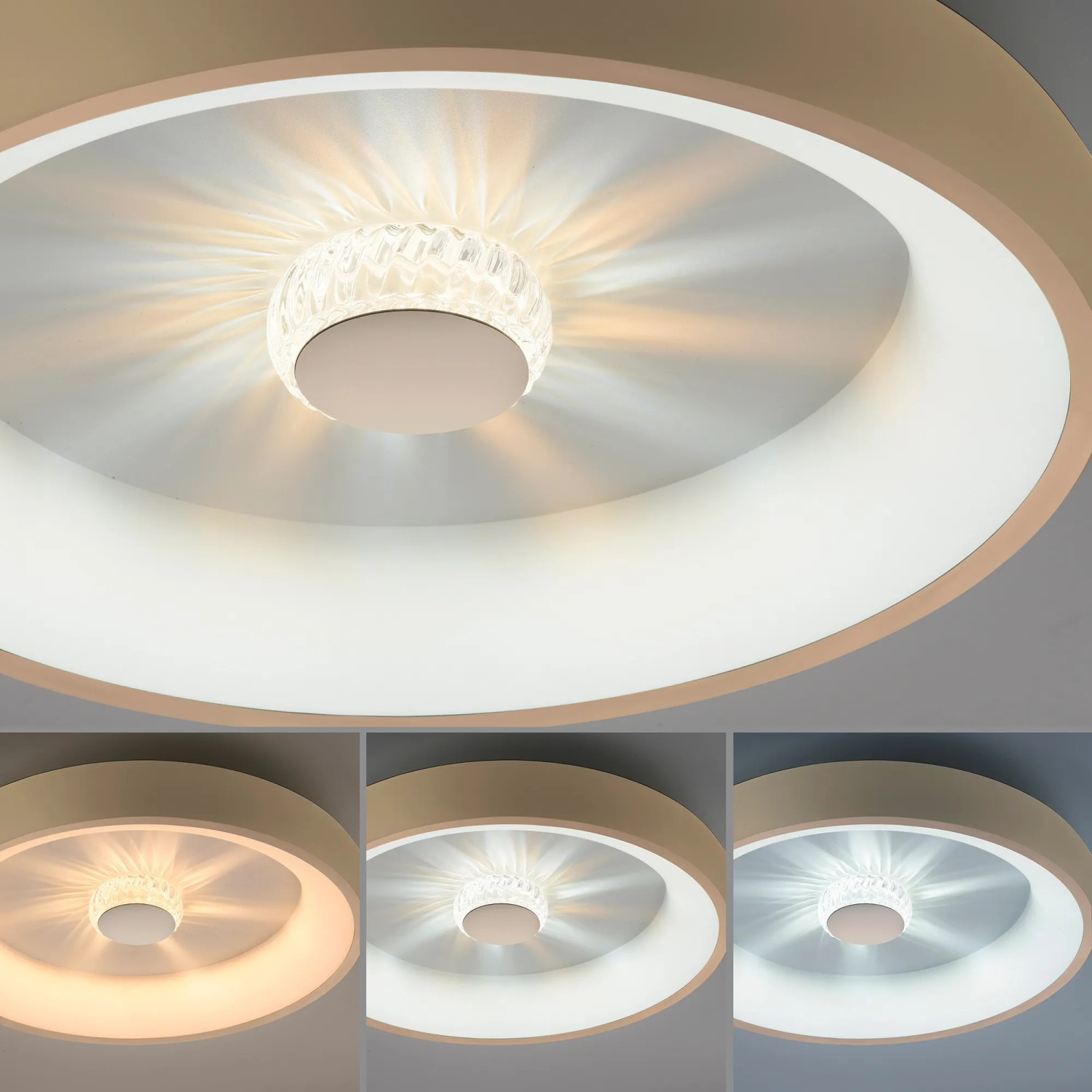 LED-Deckenleuchte Vertigo in Messing-Optik, dimmbar mit Kristalleffekt, Ø 46,5 cm.