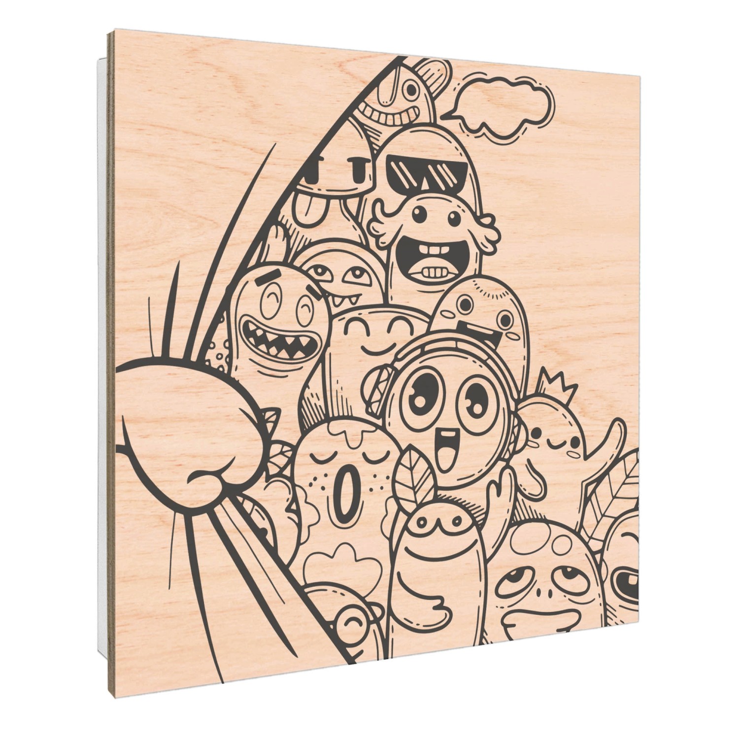 Weißer Banjado Schlüsselkasten aus Holz (30x30cm) mit Monsterparty Motiv und 50 Haken.