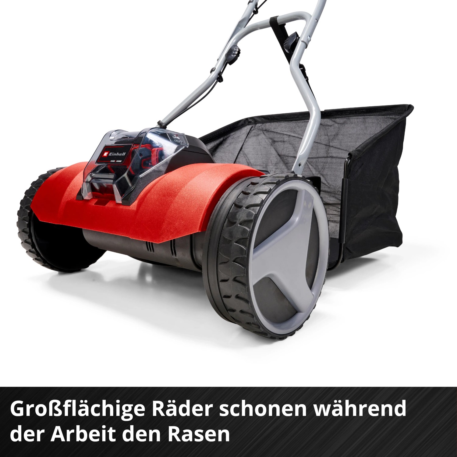 Einhell Akku-Spindelmäher GE-HM 18/38 Li-Solo mit Fangkorb, rot/schwarz. Rasenmäher für präzisen Rasenschnitt.