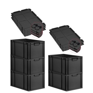 PROREGAL SuperSparSet 5x Eurobox Nextgen Grip Mit Scharnierdeckel Und Schwarzen Verschlüssen HxBxT 32x40x60cm 65 Liter Schwarz Griffe Geschlossen