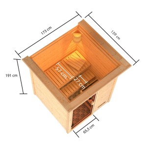 Karibu Sauna Sandra mit LED-Dachkranz, Naturholz, Innenansicht mit Bänken und Maßen.