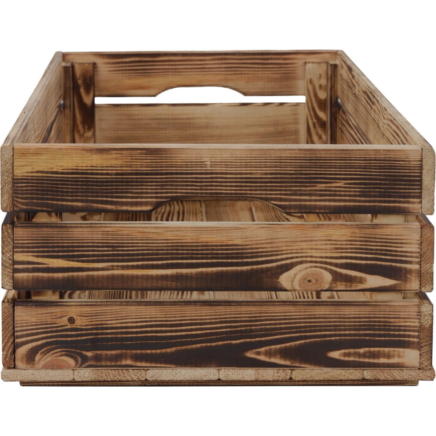 Geflammte XL Holzkiste aus Kiefernholz, 23,9x58,5x39 cm, mit Tragegriffen. Ideal zur Aufbewahrung.
