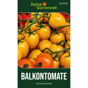 Samenpackung für gelbe Balkontomaten 'Cereza Amarilla'. Reife, leuchtend gelbe Kirschtomaten an grünen Ranken.