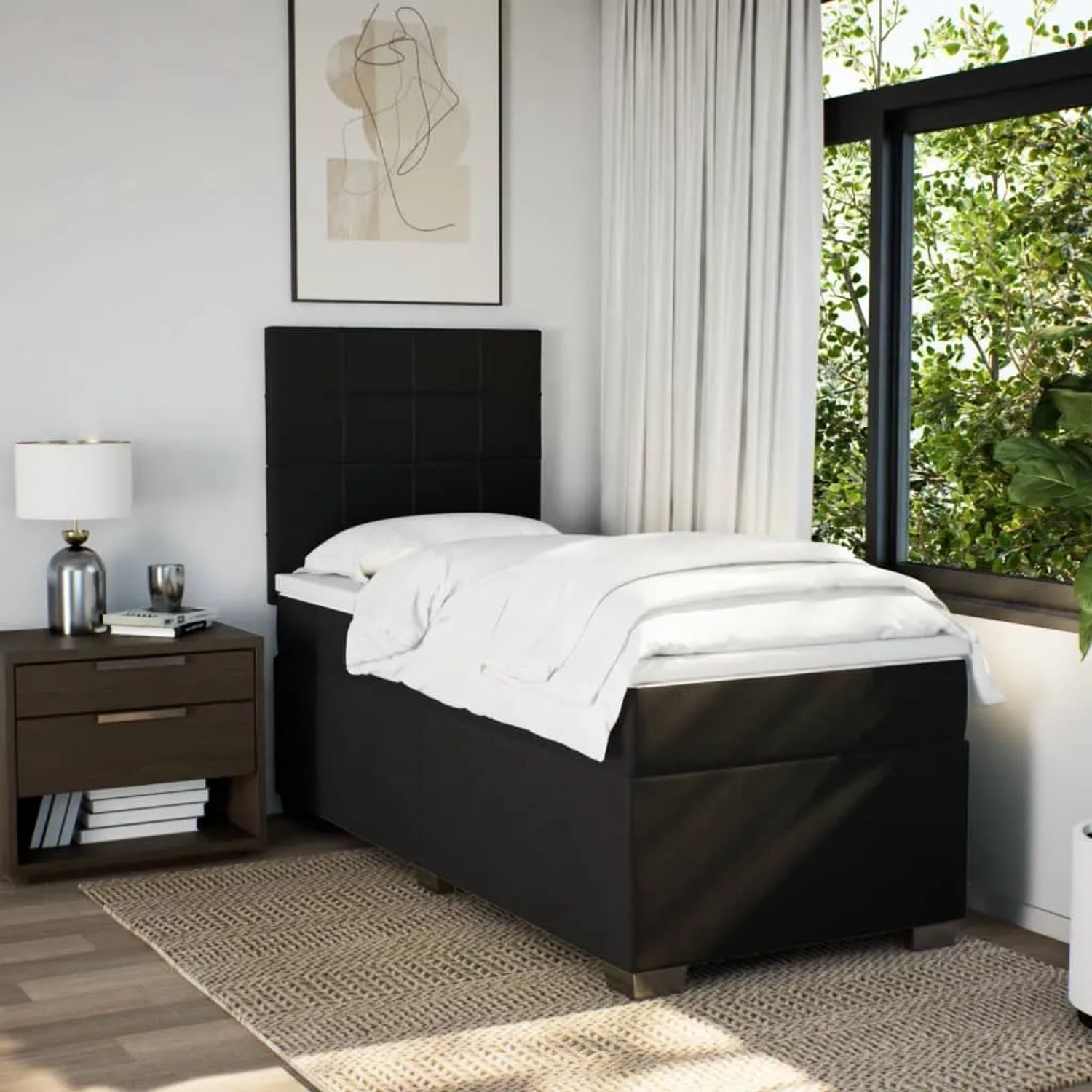 Schwarzes vidaXL Boxspringbett (100x200 cm) mit Matratze und Kopfteil im Schlafzimmer.