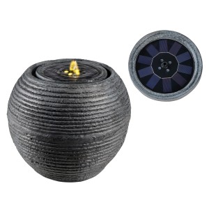 Anthrazitfarbener Kugelbrunnen mit LED-Licht und Solarpanel für den Garten.