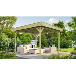 Weka Gartenlaube 657 aus kesseldruckimprägniertem Holz mit Flachdach im Garten.