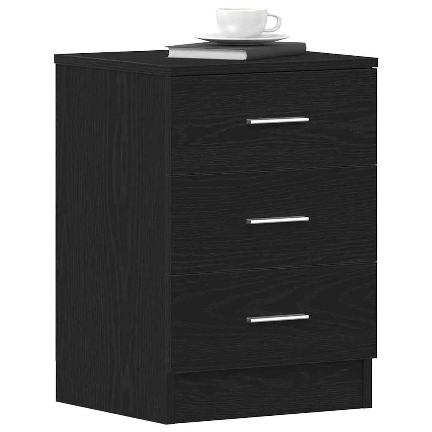 Schwarzer Nachttisch mit 3 Schubladen, Eiche Dekor, Ablage mit Tasse. Praktisch und stilvoll.