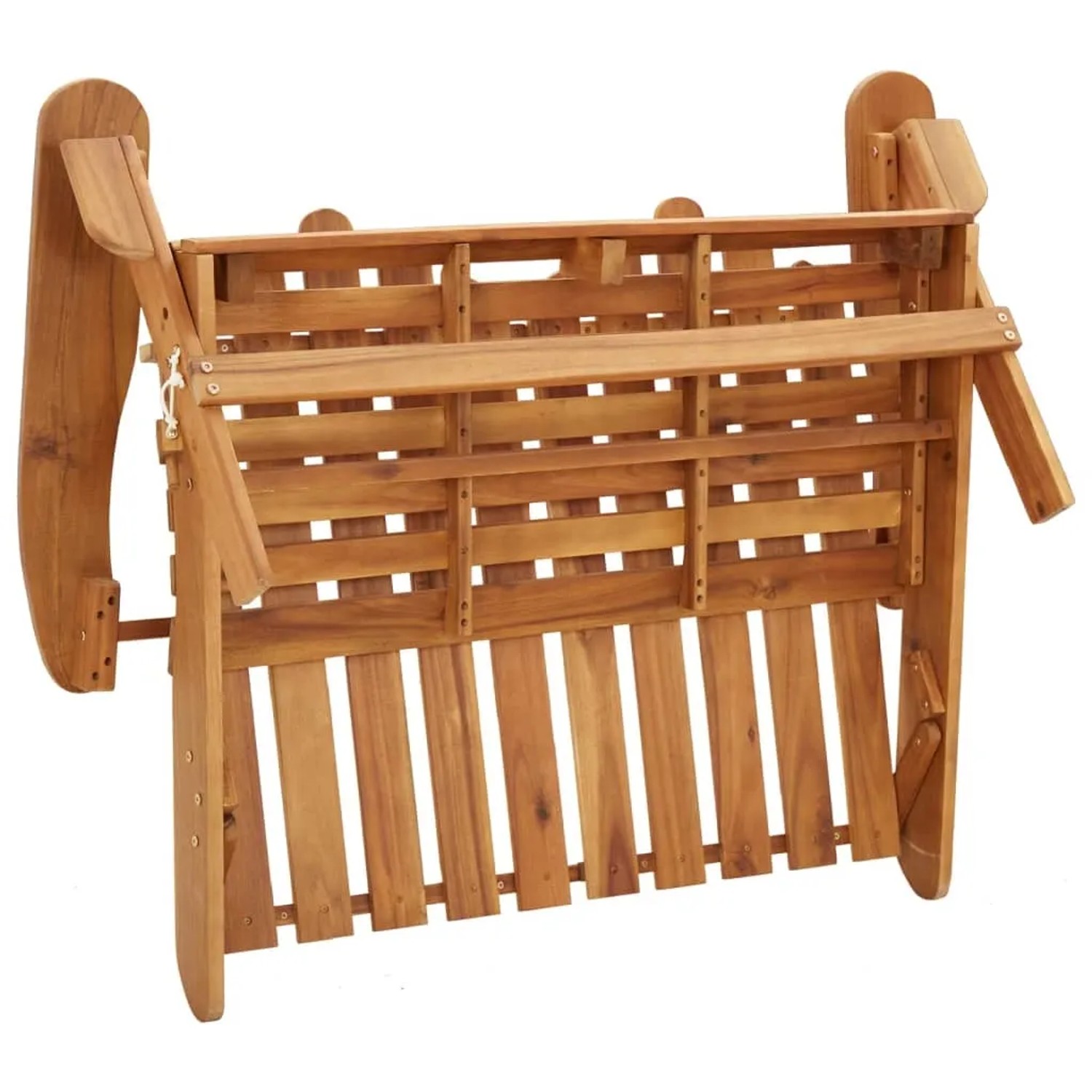 Zusammengeklappte Adirondack Gartenbank aus Akazienholz, ideal zur platzsparenden Aufbewahrung.