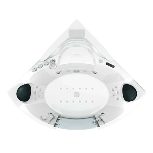 AcquaVapore Eck-Whirlpool W70H-TH 150x150 mit Tür, Innenansicht. Badewanne mit Massagedüsen und Nackenkissen.