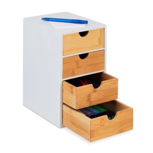 Relaxdays Schubladenbox Bambus MDF Weiß Natur Mit 4 Schubladen 27,5 cm x 16,5 cm x 21 cm 2,3 kg