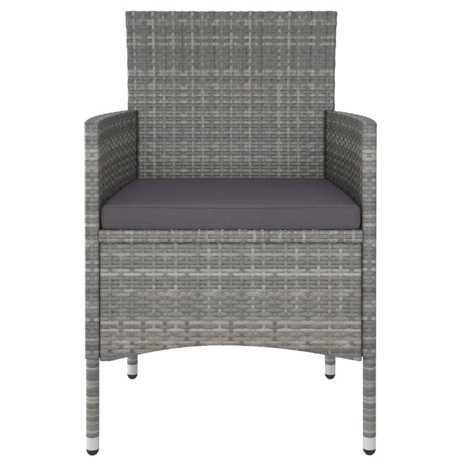 Grauer Gartenstuhl aus Poly Rattan mit dunklem Sitzkissen, Teil der 5-tlg. Essgruppe.