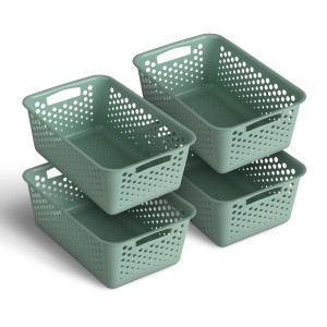 Vier grüne ProHome Aufbewahrungskörbe (5L, 30x20 cm) aus Kunststoff, stapelbar.