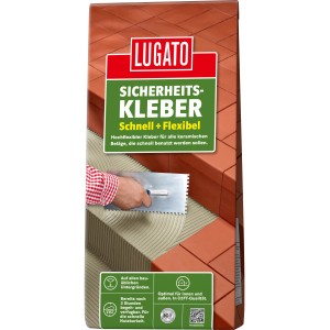 Lugato Fliesenkleber Sicherheitskleber Schnell + Flexibel, 5 kg Sack. Anwendungsbeispiel mit Fliesen.
