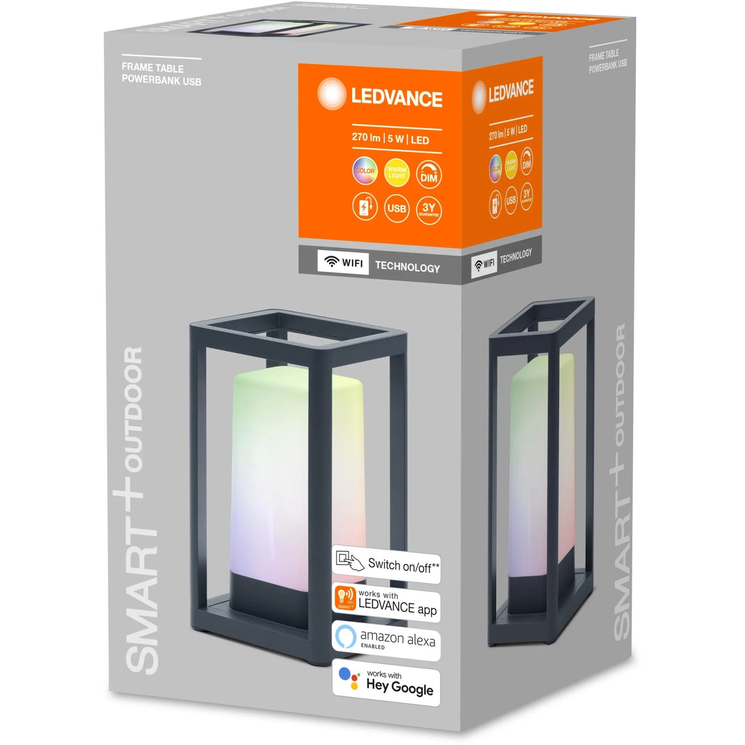 Verpackung der Ledvance Smart+ Table Frame Multicolor Außenleuchte in Dunkelgrau.