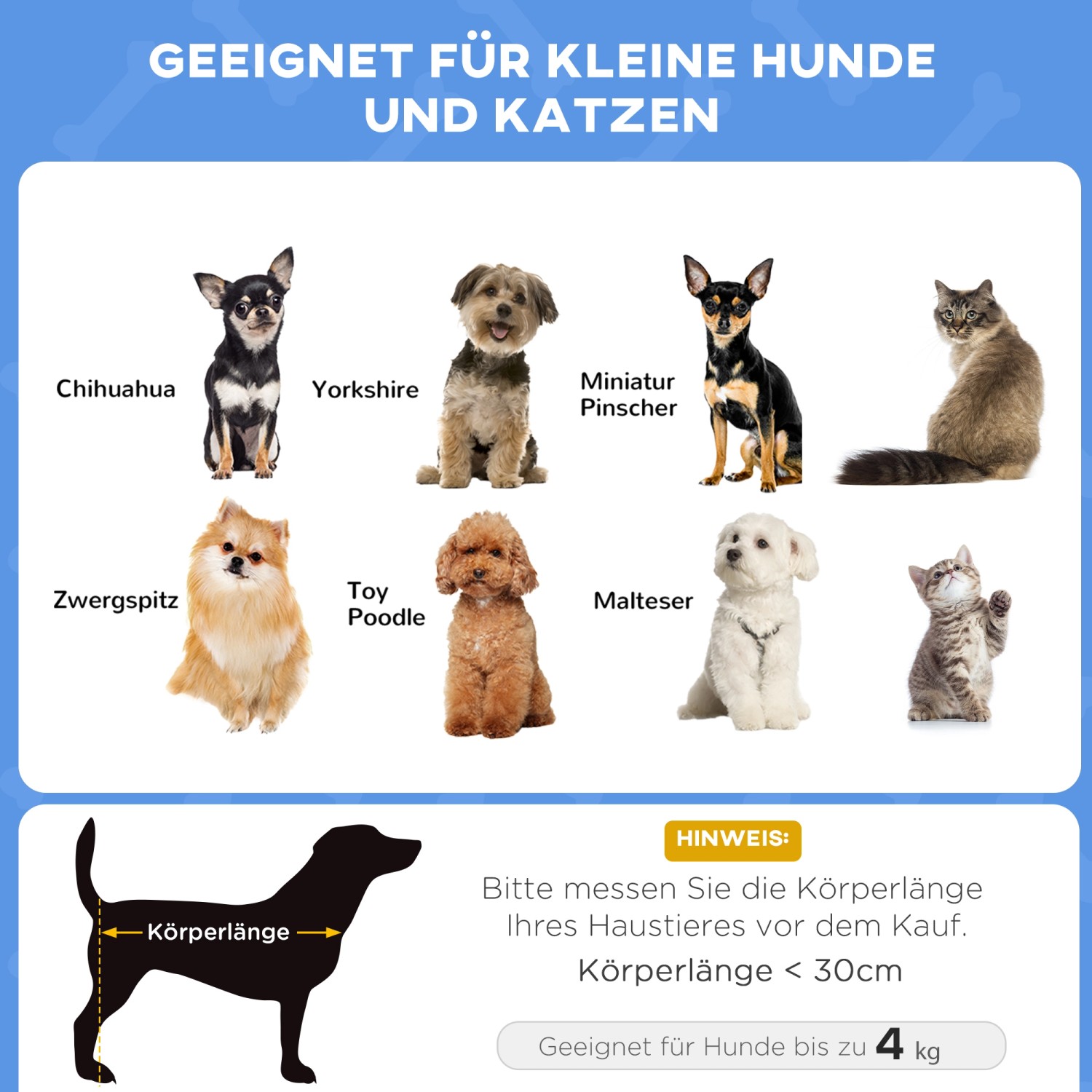 Grafik: Geeignet für kleine Hunde und Katzen, verschiedene Rassen und Größenangaben für das Katzensofa.