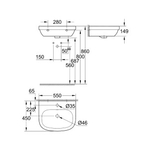 Technische Zeichnung: Grohe Euro Keramik Waschbecken, 55 cm, Alpinweiß, Maße und Details.