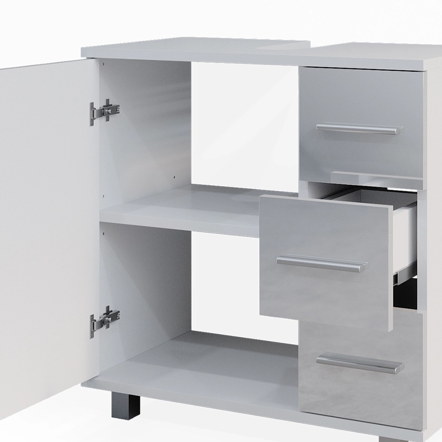 Vicco Waschbeckenunterschrank Ilias, weiß hochglanz, mit Tür und Schubladen für Badutensilien.