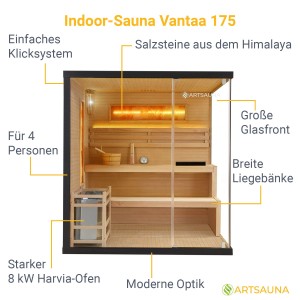 Artsauna Vantaa Sauna 175x140cm: Finnische Sauna mit Glasfront, Bänken und 8 kW Ofen.