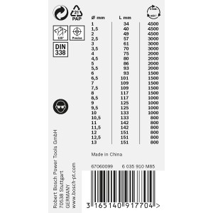 Bosch Spiralbohrer-Set PointTeQ, 25-teilig, Ø 1-13 mm, Tabelle mit Bohrergrößen und -längen.