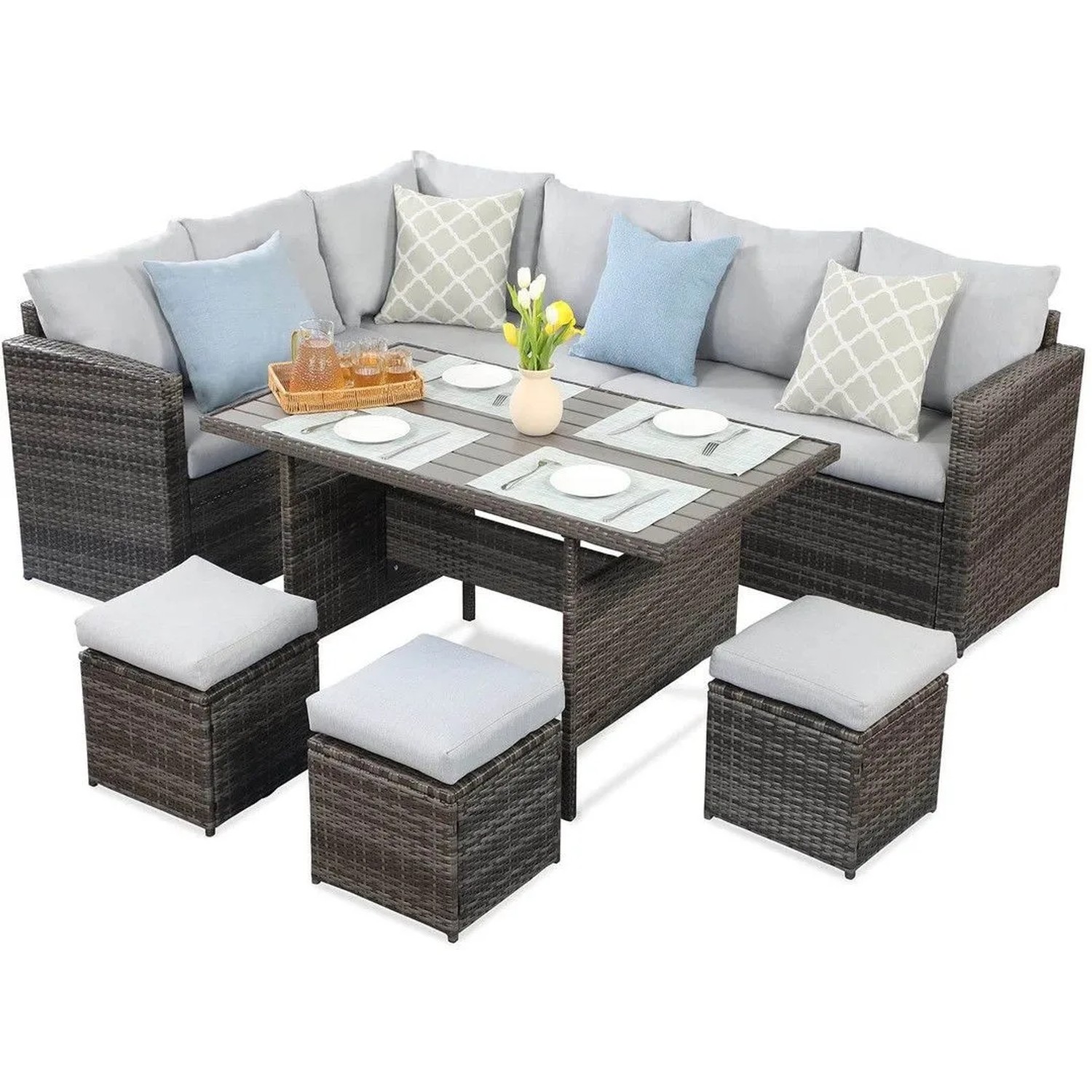 MeXo XXL Gartenlounge Set aus Polyrattan mit Esstisch für 8 Personen Grau günstig online kaufen