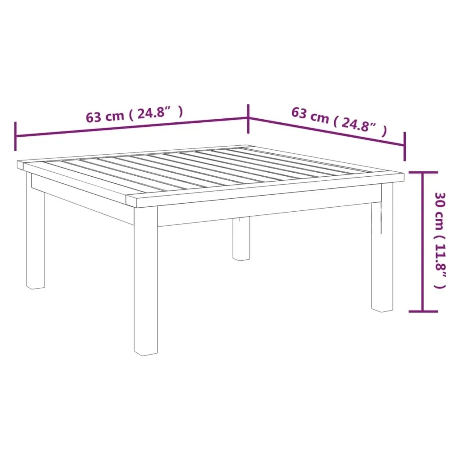 Skizze eines quadratischen Gartentisches aus Akazienholz, Teil des vidaXL Lounge-Sets.