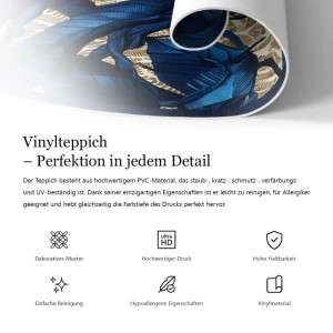 Gerollter blauer Vinylteppich mit Aquarellblumenmuster. Pflegeleichter PVC Teppich für Innen- & Außenbereiche.