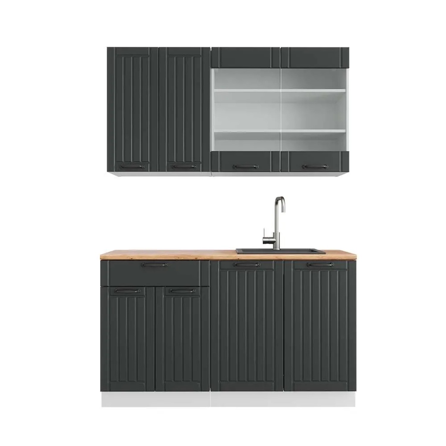 Vicco Fame-Line Singleküche Anthrazit Landhaus Weiß 140 cm AP Eiche ohne E-Geräte