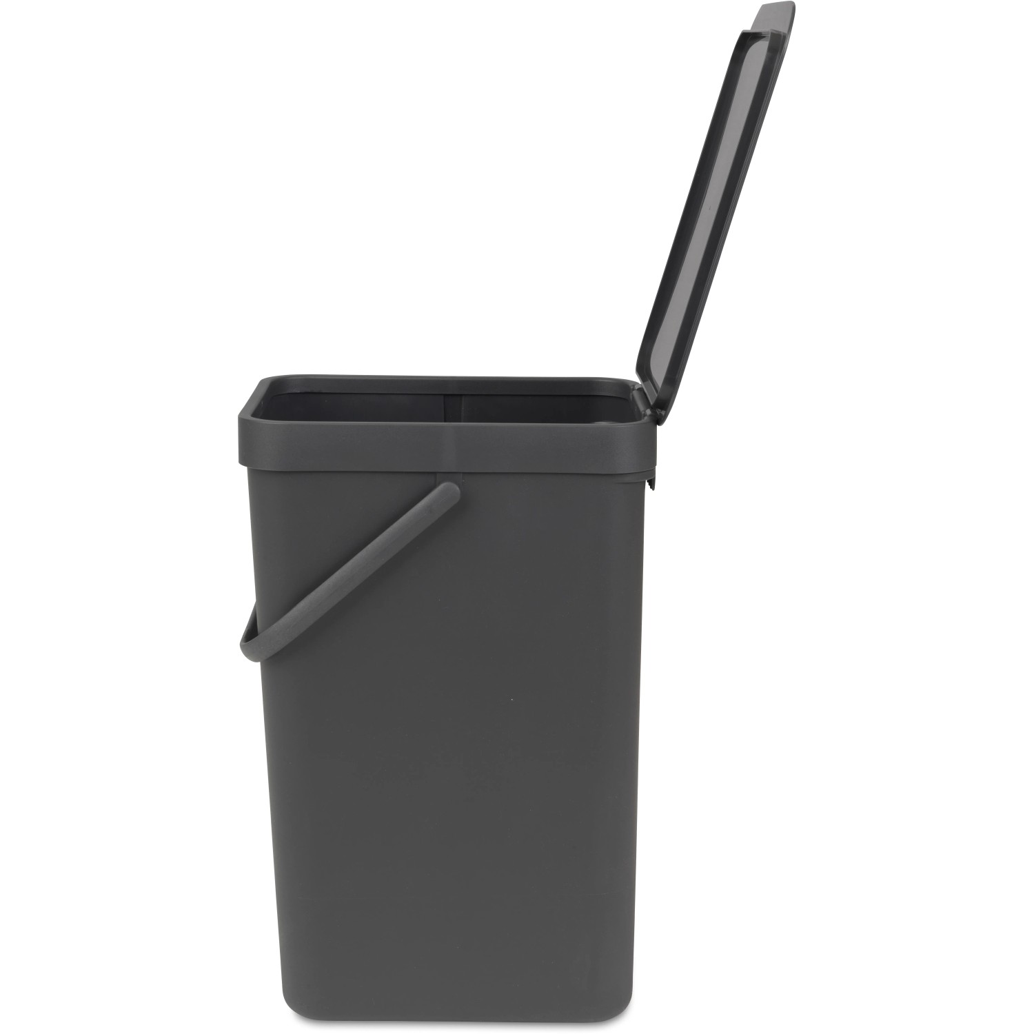 Grauer Brabantia Abfallbehälter Sort & Go, 16 l, mit offenem Deckel und Wandhalterung.