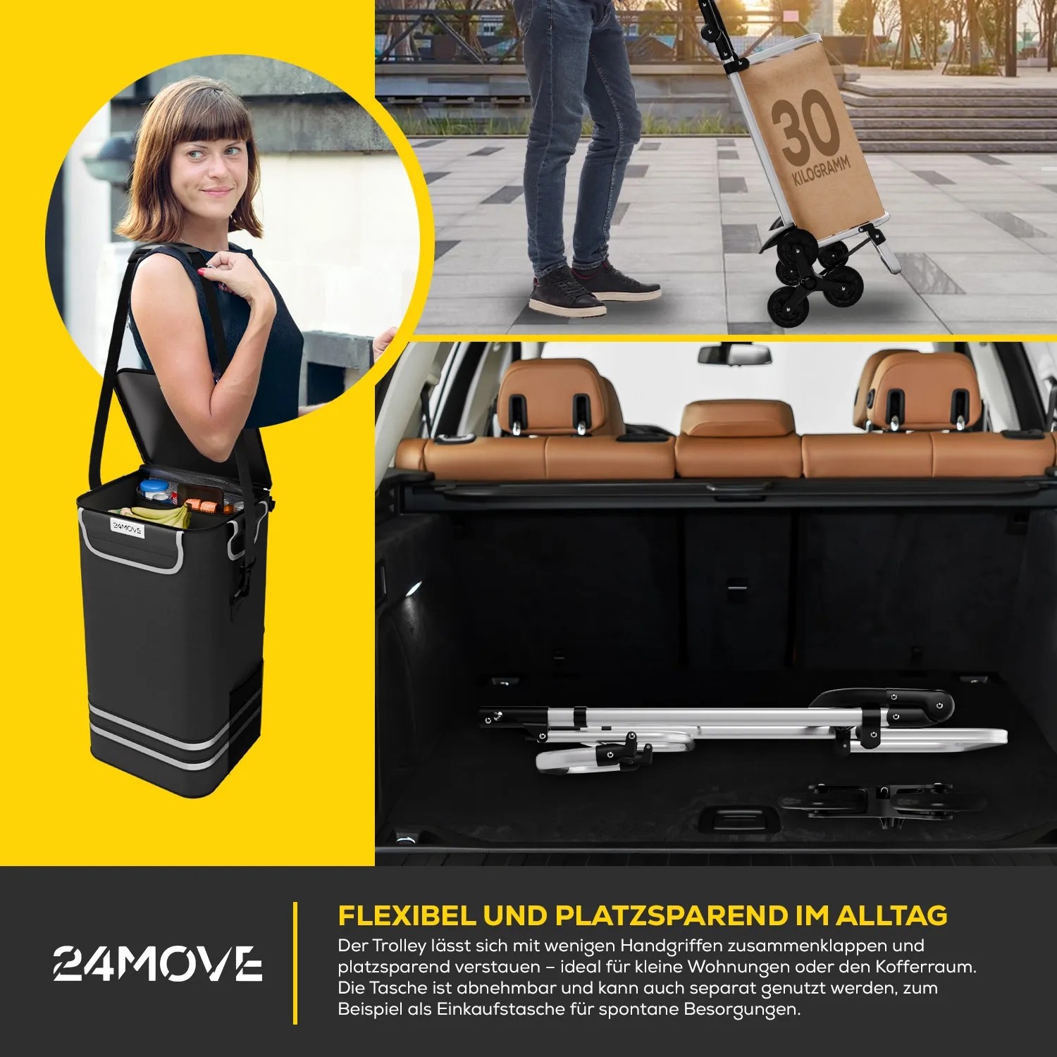 24MOVE Einkaufstrolley Alegre 3in1, faltbar, mit Kühlfach, schwarz. Einkaufswagen für Treppen, platzsparend.