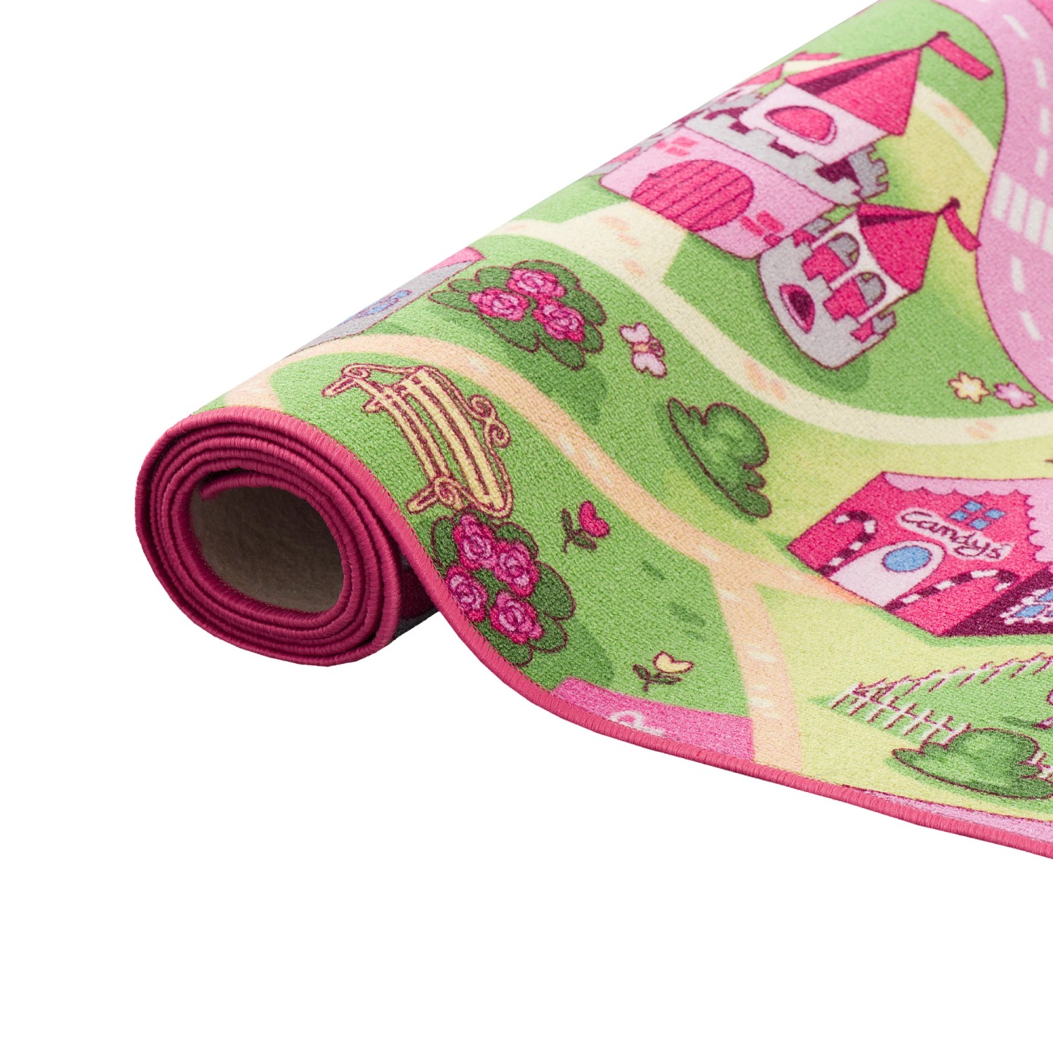 Gerollter, rosa Kinder Straßenteppich (140x200cm) mit Spielstraßen, Häusern und Grünflächen.