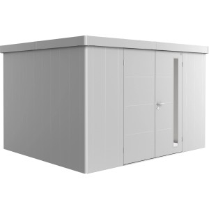 Biohort Gerätehaus Neo 3D mit Doppeltür, silber-metallic, aus Metall.