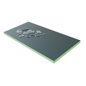 Dunkelgraue XPS Bauplatte mit grüner Kante und Wassertropfen. Ideal als Fliesenplatte für Feuchträume, 1250x600x25mm.