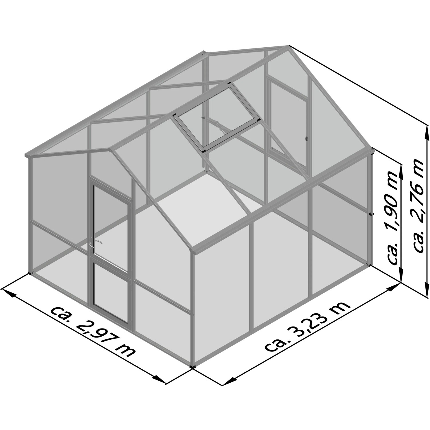 Abbildung des KGT Gewächshauses Tannengrün 9,59 m² mit Maßangaben.