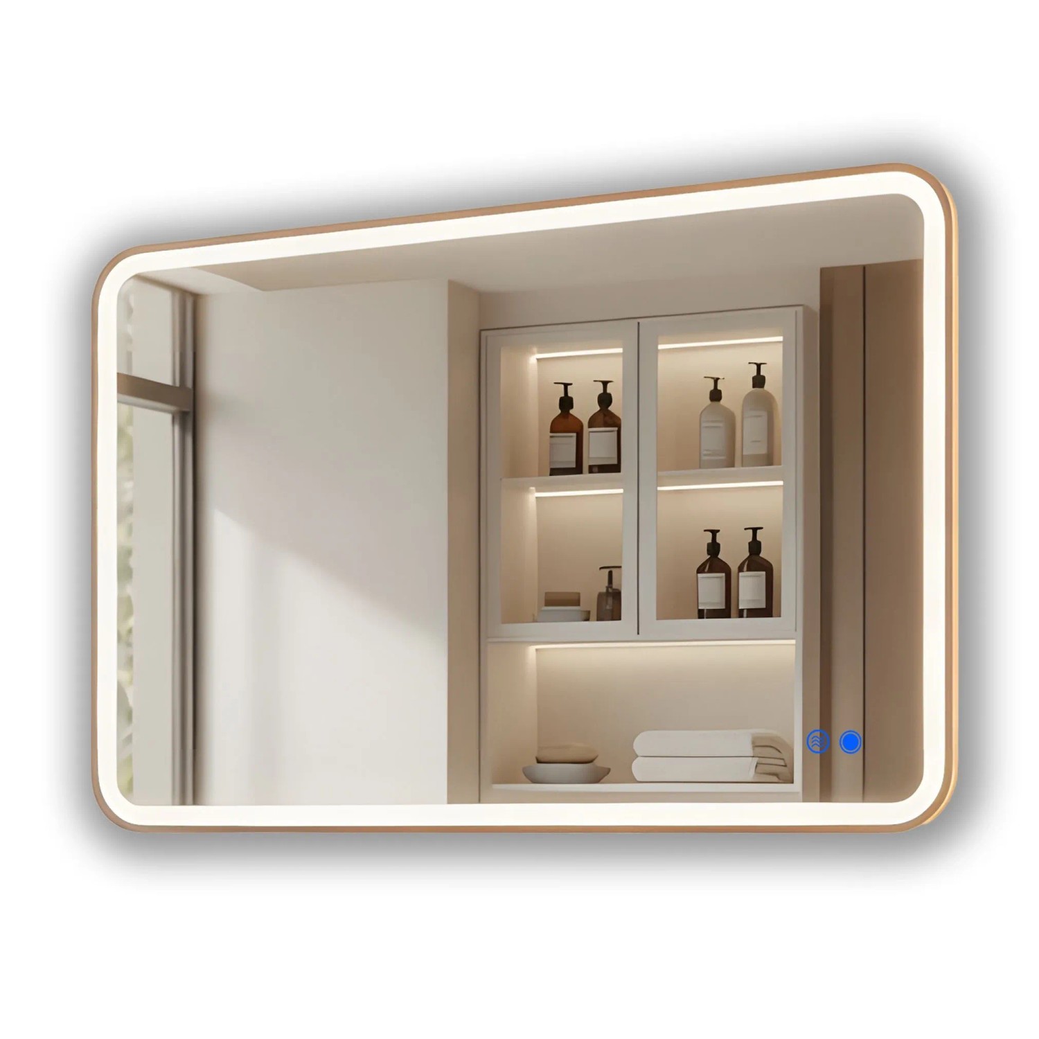 ARTFORMA LED Badspiegel Rechteckig mit Abgerundeten Ecken 100x70 cm mit Beleuchtung Rahmen Gebürstetes Gold Antibeschlag Touch IP44