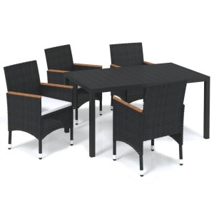 Schwarze 5-tlg. vidaXL Garten-Essgruppe aus Rattan mit Tisch und Stühlen mit Kissen.