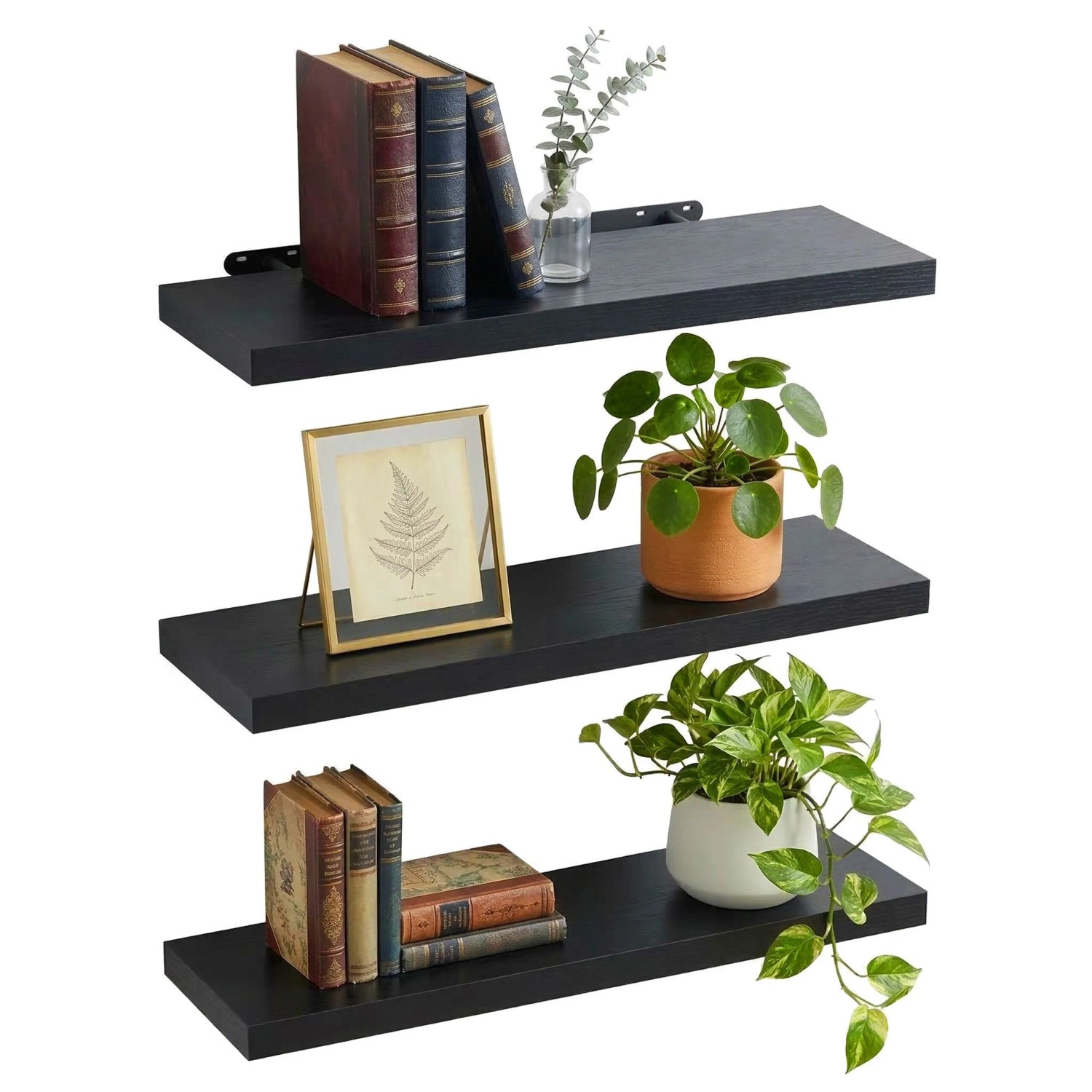 Relaxdays Wandregal MDF Eisen Schwarz 3er Set 4 cm x 100 cm x 23 cm